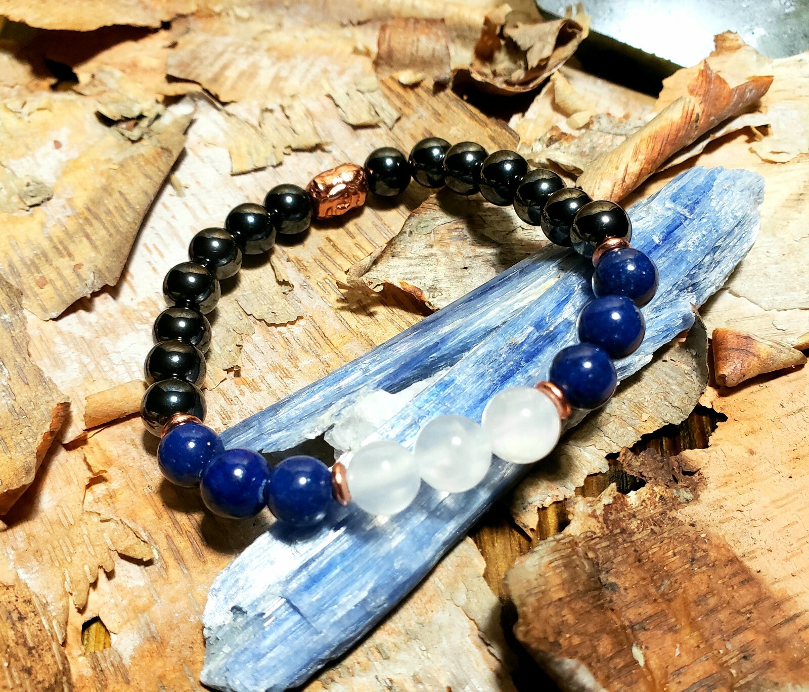 Lapis Lazuli, Selenite & Magnetic Hematite Gemstone & Copper Bracelet size 7.5 
