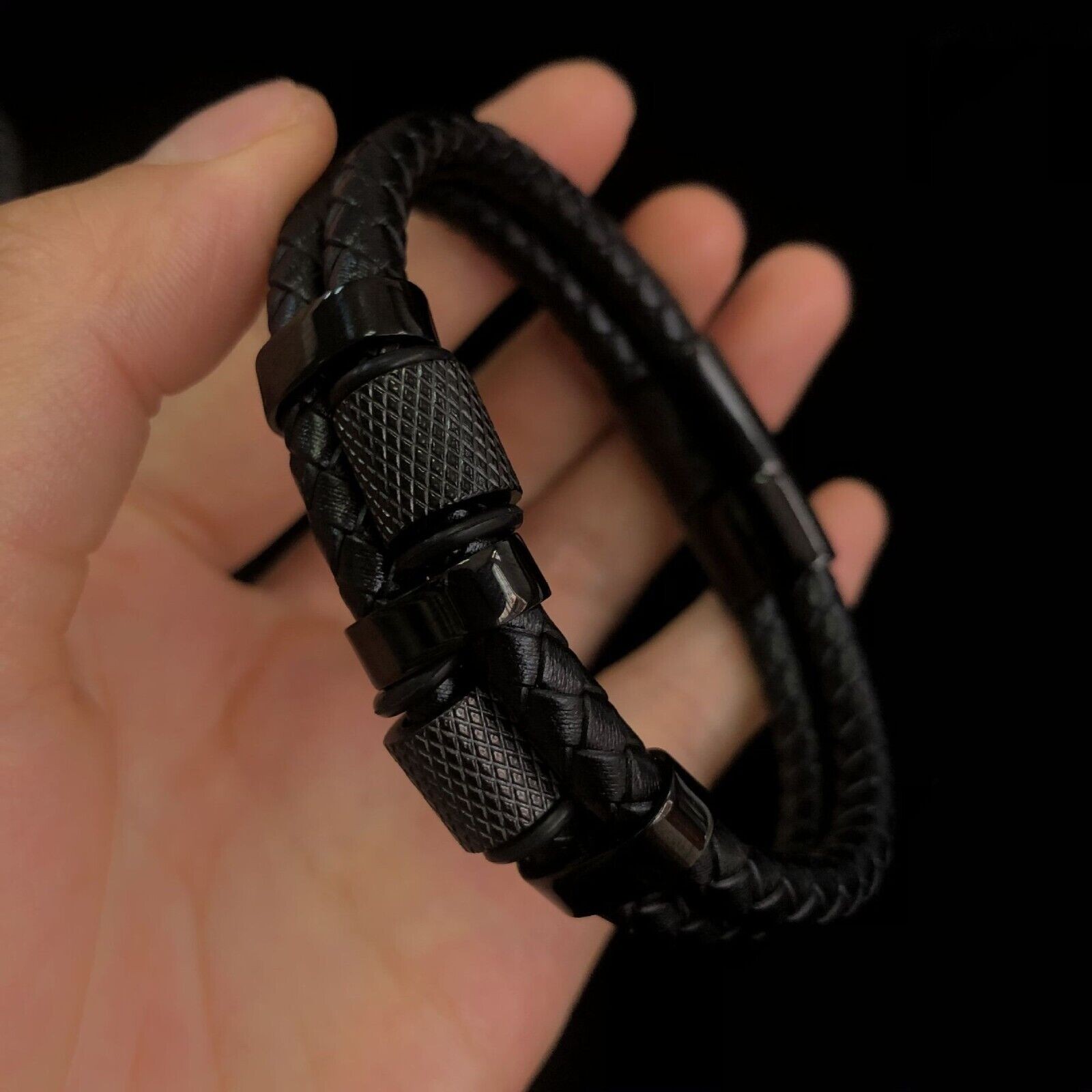 Men’s Stainless Steel Genuine Leather Bracelet Strength Fashion Bangle Wrap Gift