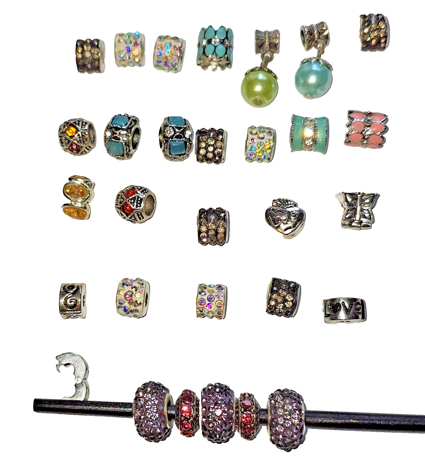 Lot of 28 European Charm Beads Dangle Rhinestone Enamel Silver Tone Bracelet Mix