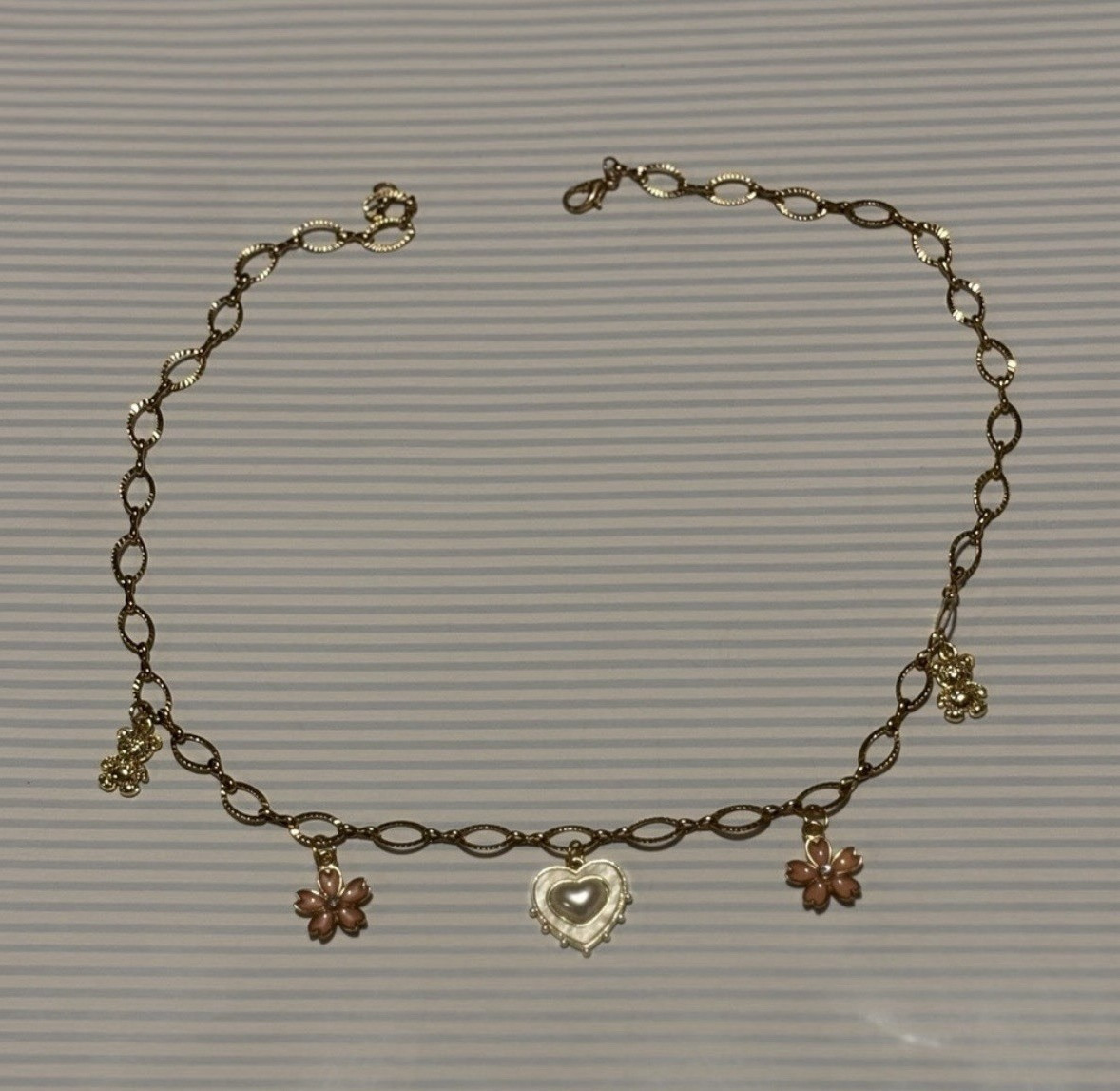 Gold Tone Oval Link Charm Chain Bracelet Lobster Clasp Heart Flower Teddy Bear