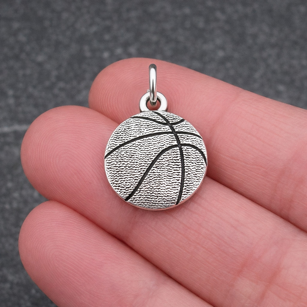 Silver Basketball Charm – Double-sided Sports Ball Pendant – Athletic Gift