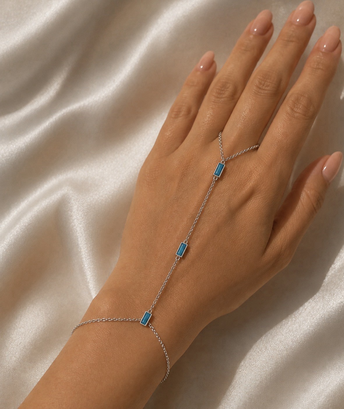 Silver Tone Turquoise Hand Chain Bracelet Ring Slave Bracelet Boho Jewelry