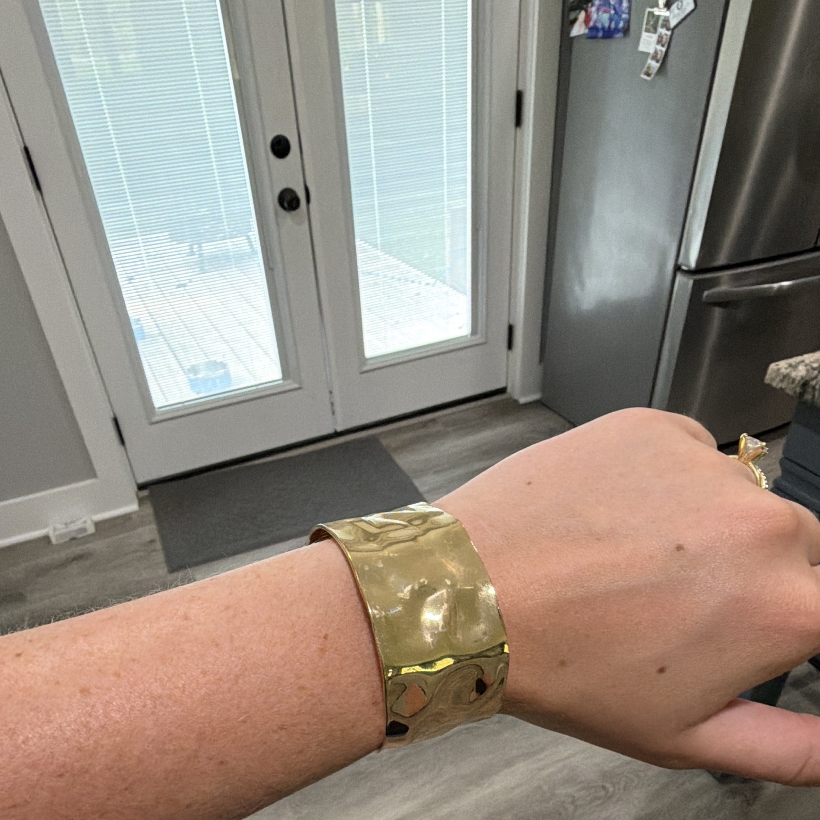Gold Tone Hammered Wide Metal Cuff Bracelet Adjustable No Stone