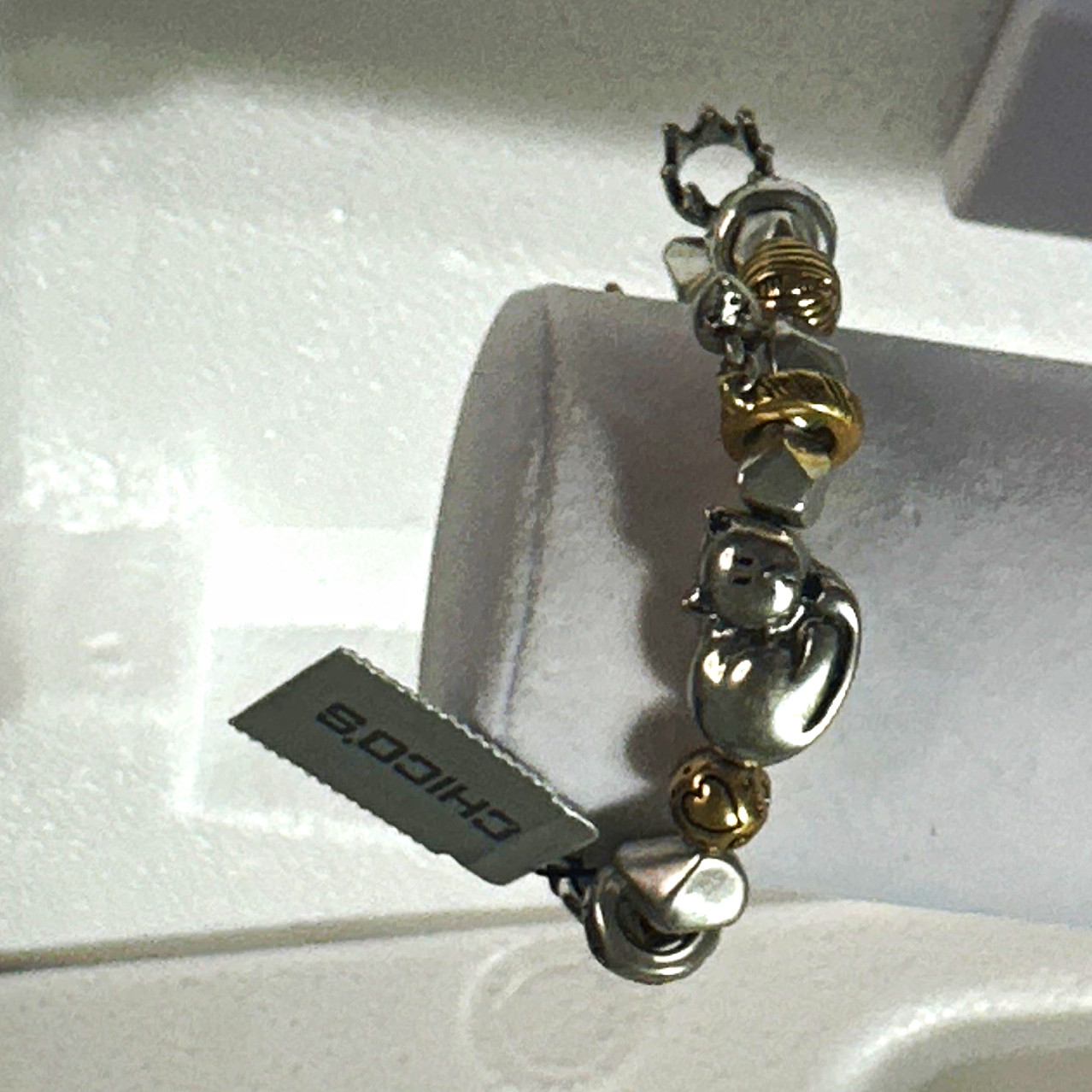 Chico’s Silver Gold Tone Beaded Charm Bracelet Cat Heart Dangle Signed