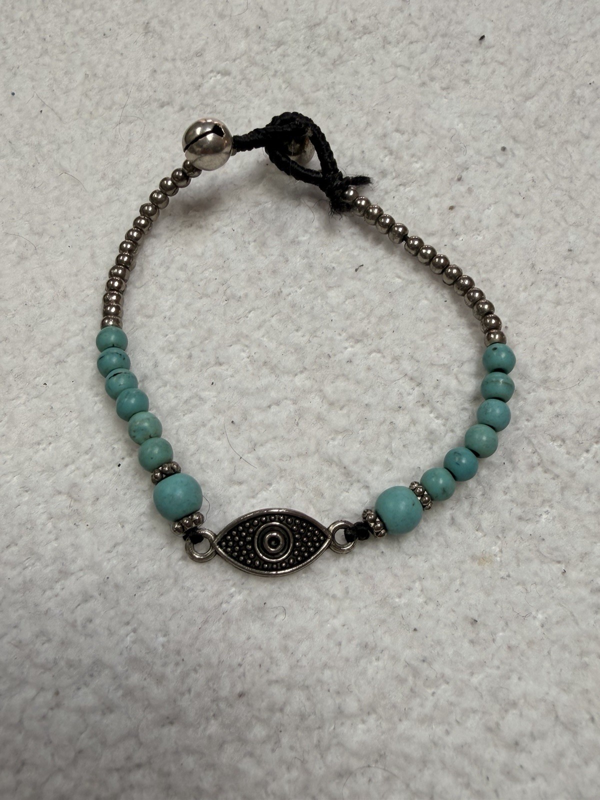 Boho Silver Evil Eye Turquoise Beaded Bracelet Adjustable Bell Cord Amulet