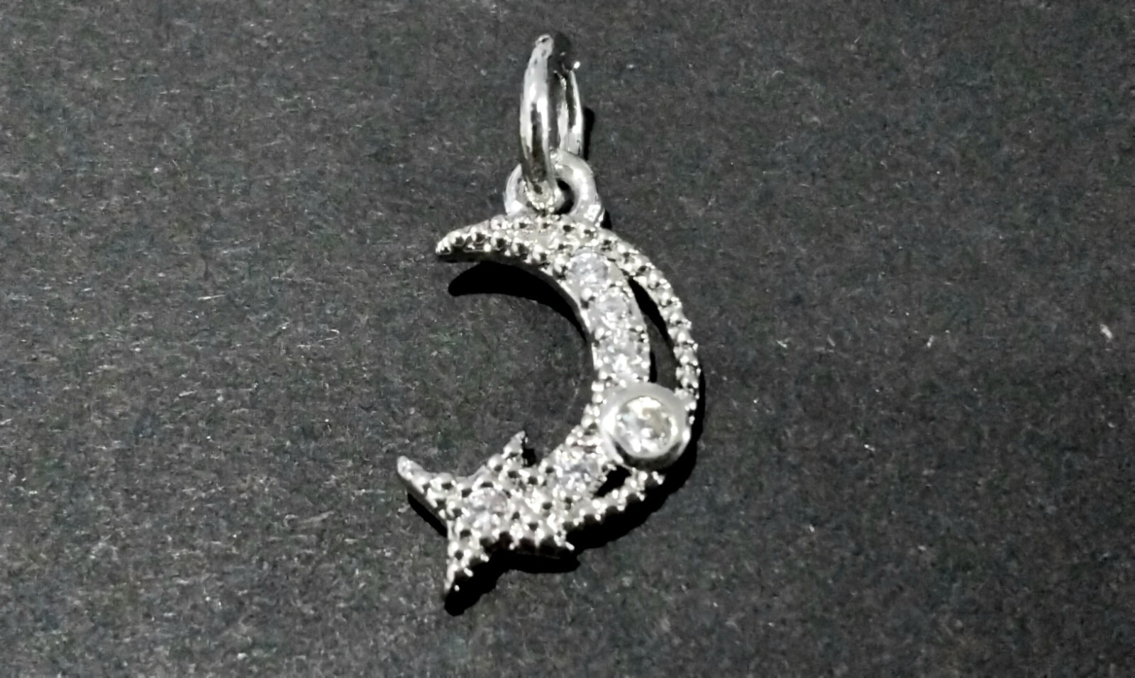 Brass Micro Pave Cubic Zirconia Charm, Jump Ring, Moon & Star, 13x8x1mm, 1 pce