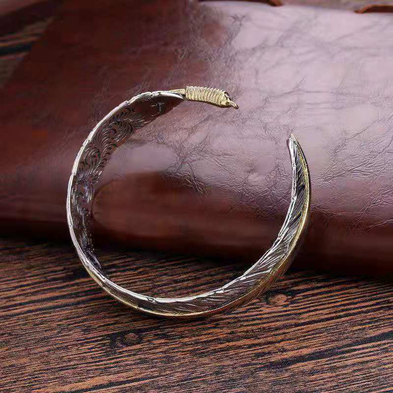 Women Men Retro Vintage 925 Sterling Gold Silver Feather Cuff Bangle Bracelet US