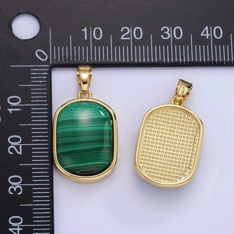 14k Gold Filled Green Malachite Oval Tag Bezel Charm 29mm Natural Gemstone Penda