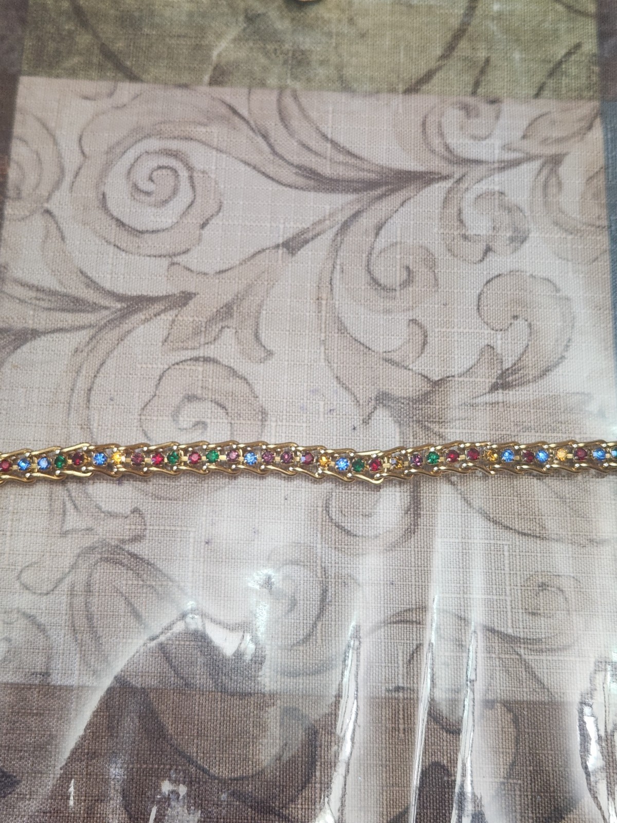 Goldtone Bracelet Rhinestones of Blue Red Green Yellow Purple 7 1/2″