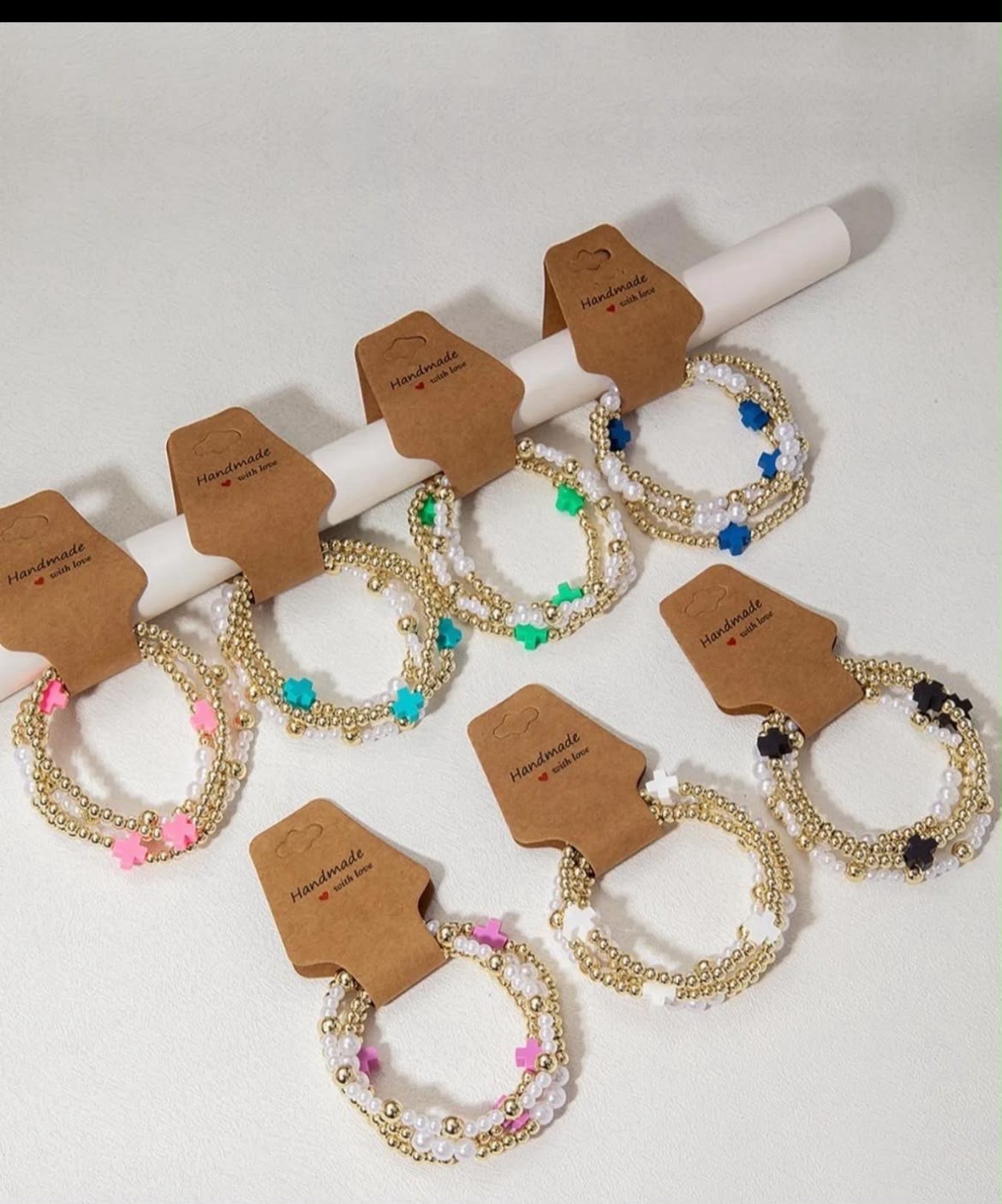 Handmade Gold & White Beaded Stretch Cross Charm Stackable Bracelets Set