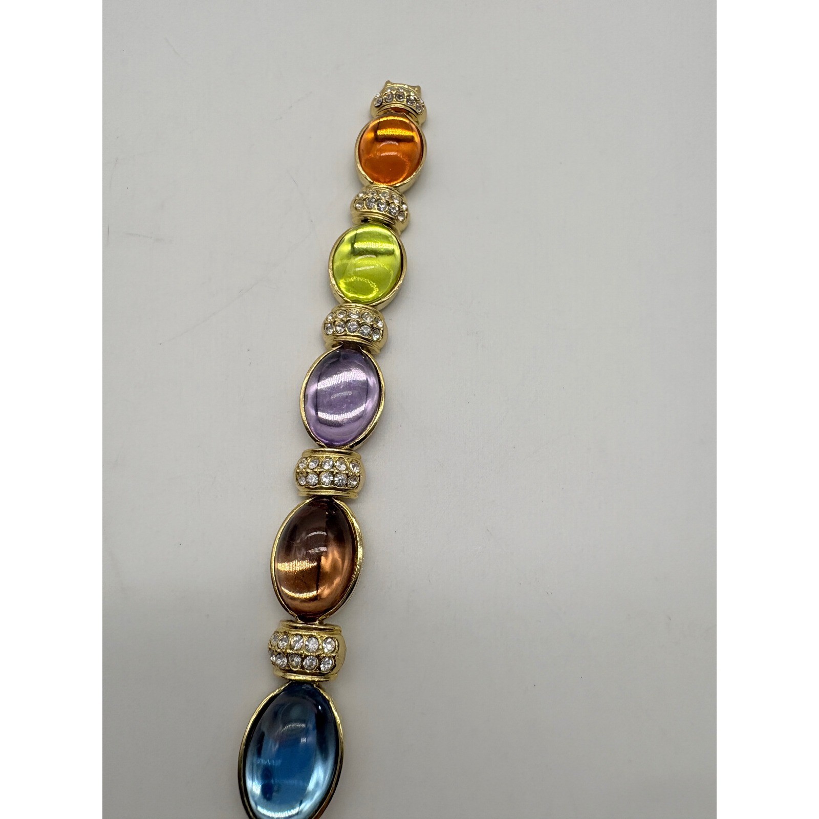 Vintage Style Gold Tone Chunky Rainbow Jelly Cabochon Rhinestone Link Bracelet