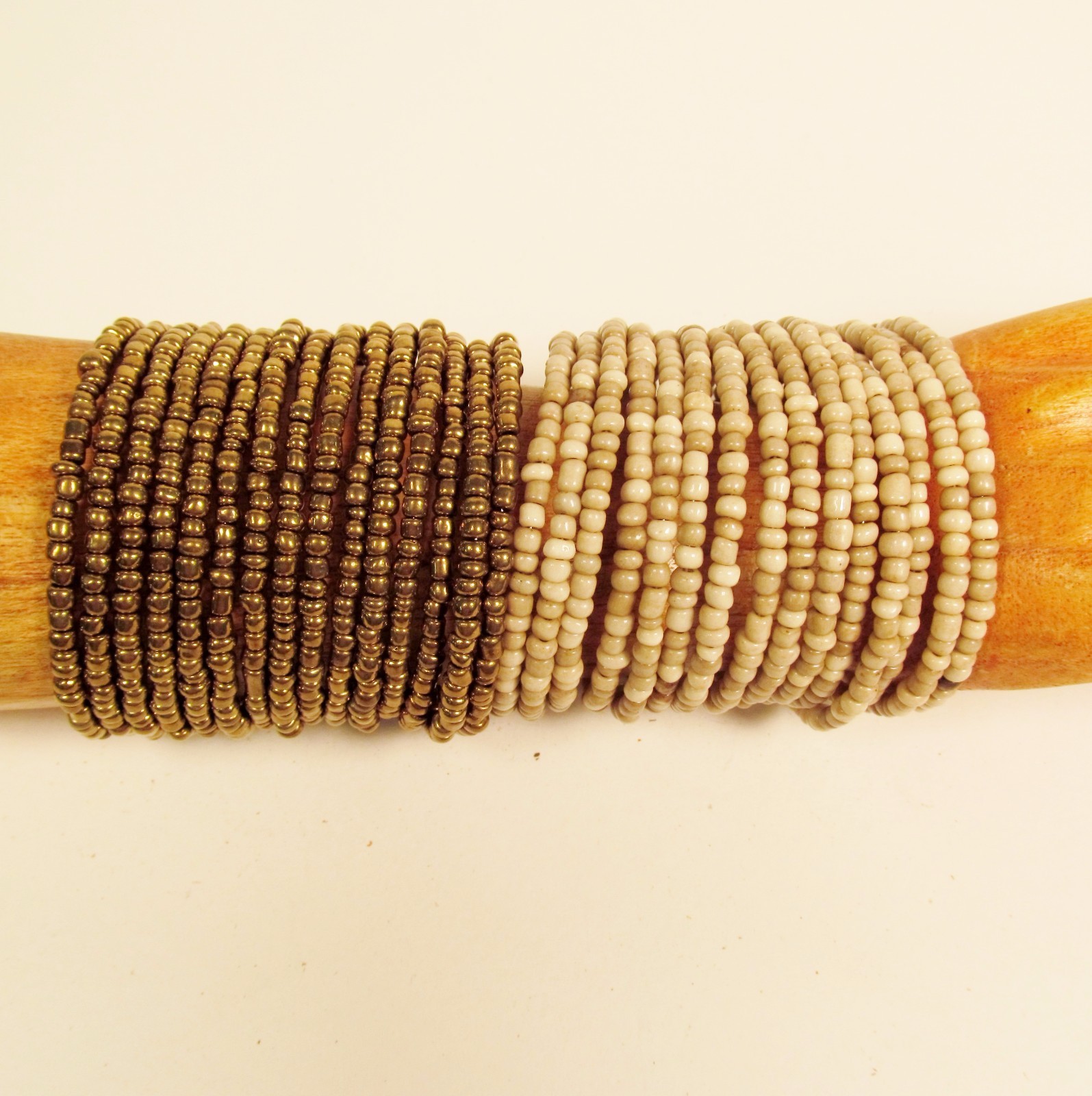 “Set of 2” Gold & Cream Multi Strand Beaded Bangle Handmade Cuff Bracelets