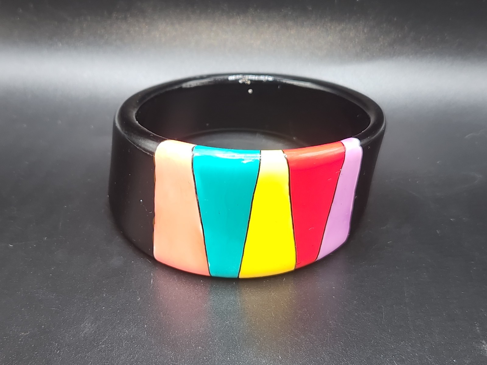 #0352 – Black Multicolor Geometric Wide Bangle Bracelet Colorful Statement Size