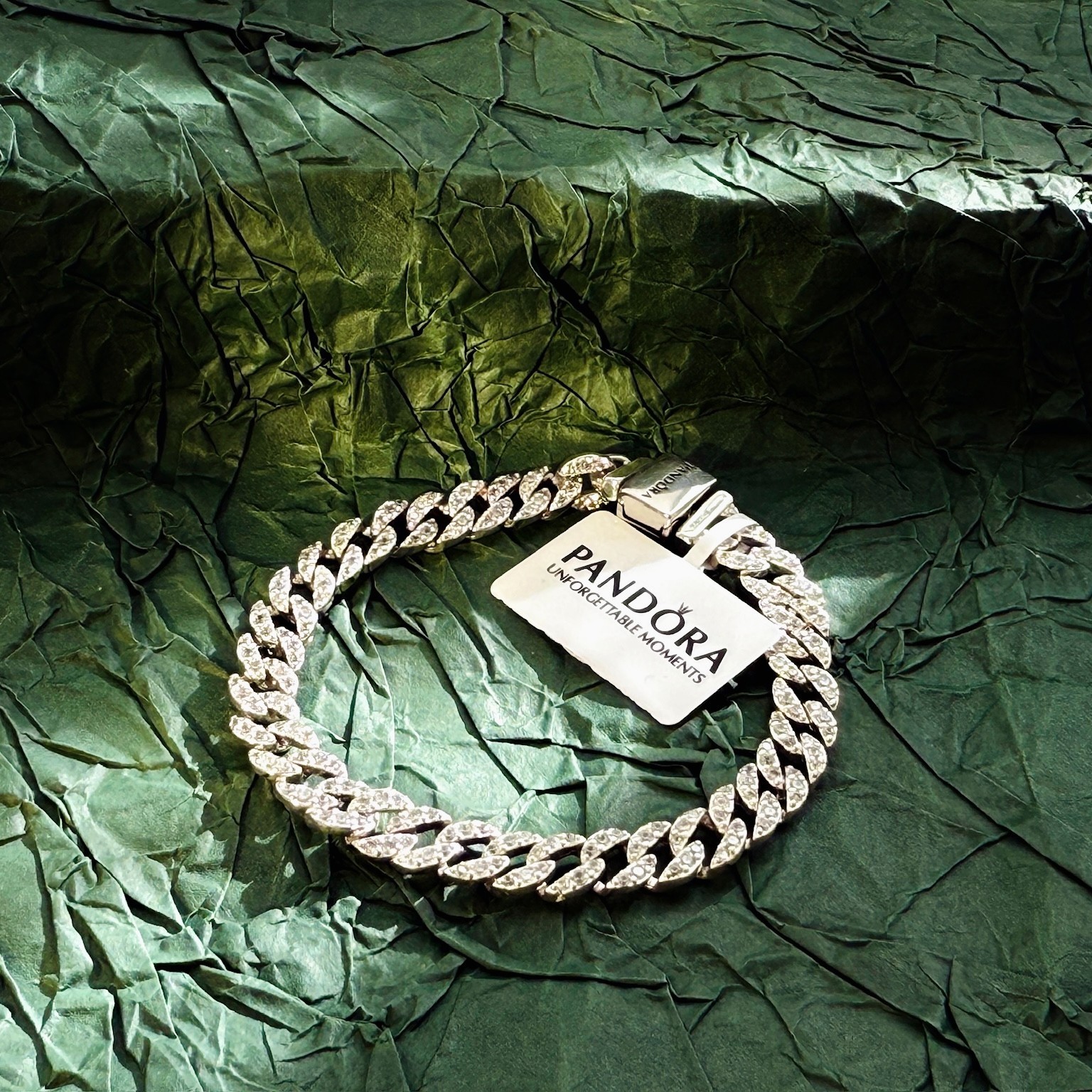 AUTHENTIC PANDORA S925 ALE TIMELESS PAVÉ CUBAN BRACELET 593008C01, 7.1 in