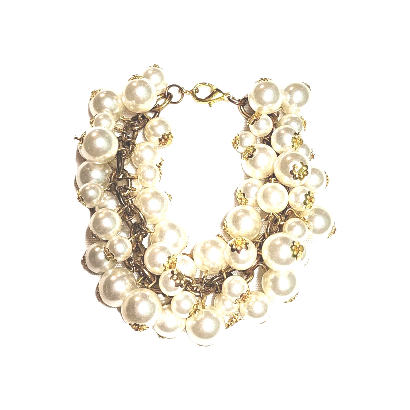 Chunky White Faux Pearl Dangle Cluster Cha-Cha Beaded Charm Cuff Bracelet 8″
