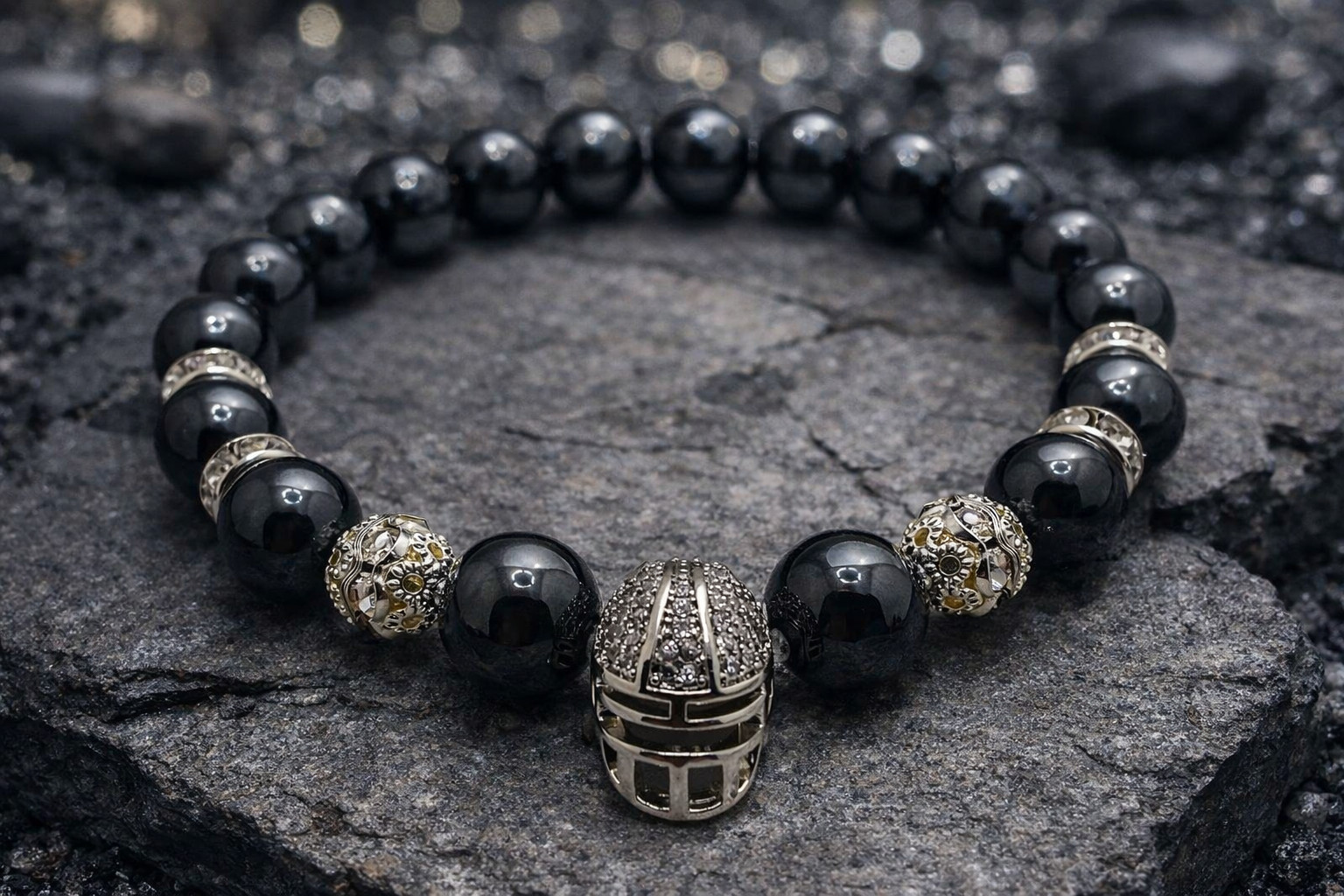 Raiders Men’s Hematite Bracelet with Silver Football CZ Helmet