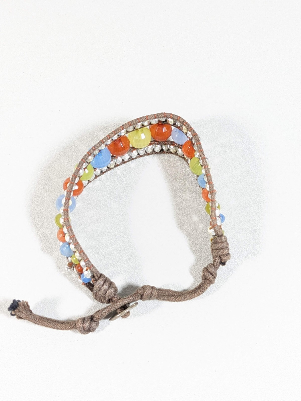 Tribal Style Brown Cord Silver Tone Blue Orange Acrylic Bead Bracelet 8.5 in