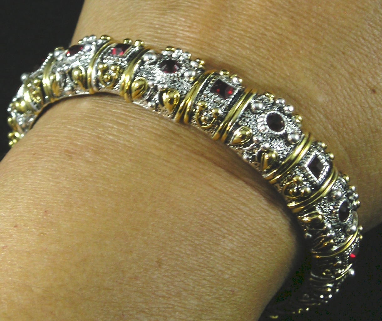 Silver Gold Plated With Red Garnet Swarovski Crystal Stretch Bracelet Intricate