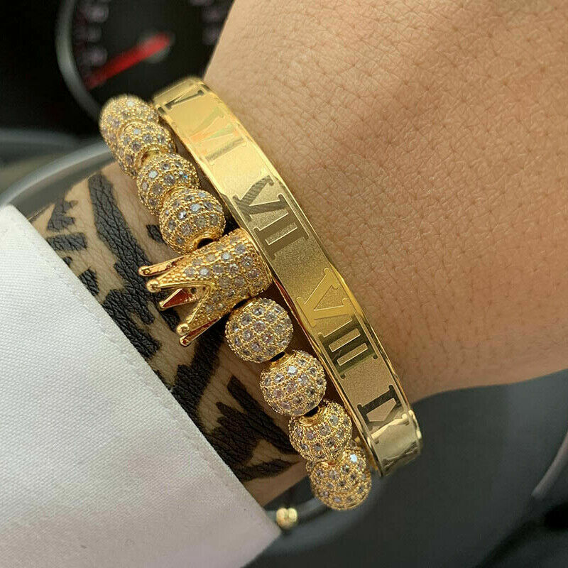 Men 18kt Gold Plated CZ Crown Bracelet Roman Numeral Stainless Steel Cuff Bangle