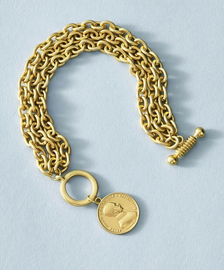Big Gold Link Bracelet Geometric Chunky Wide Gold Chain Costume Coin 6 Inch