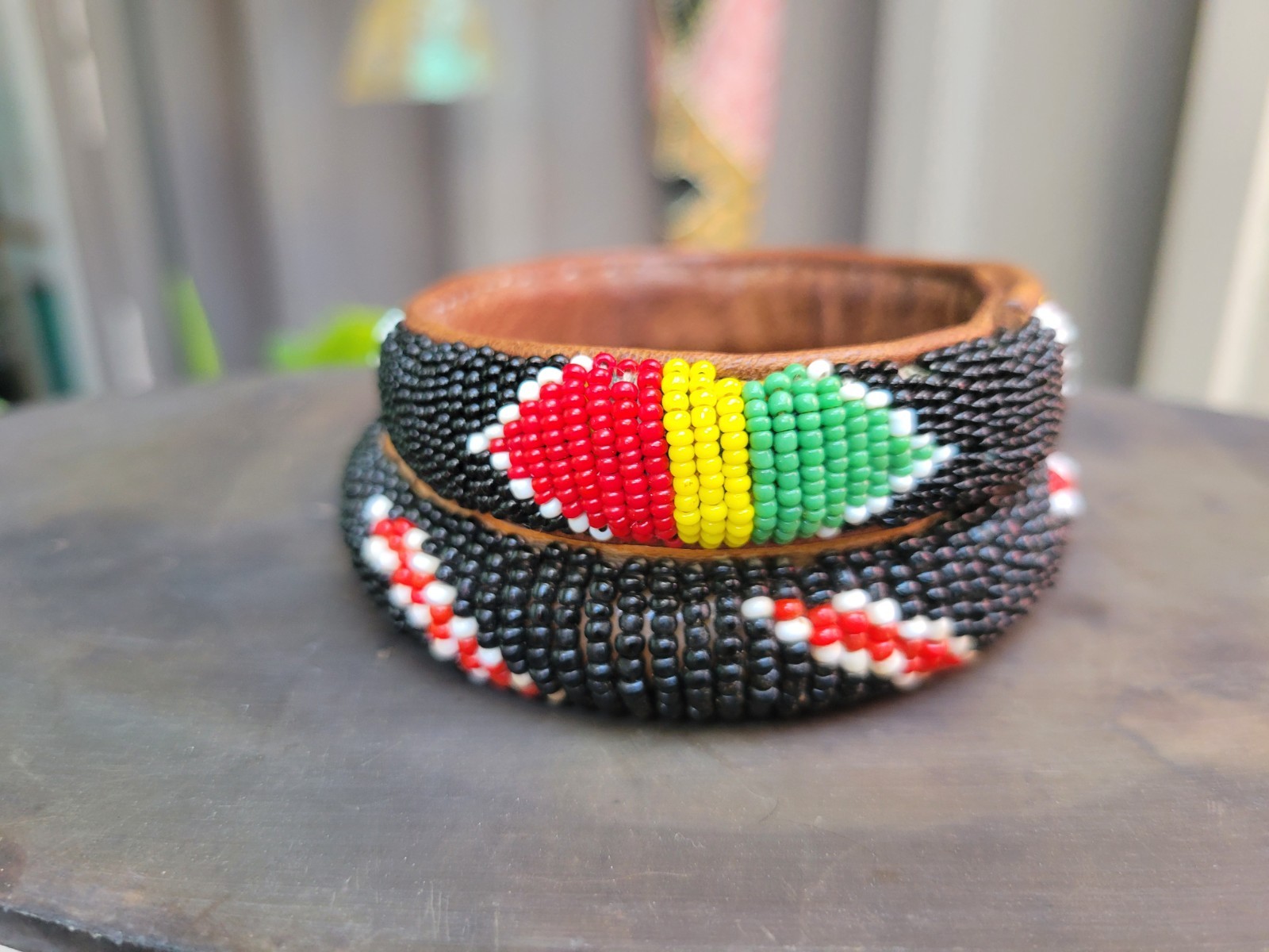 Vintage Lot of 2 African Woven Seed Bead & Leather Bangles African Colors 7″& 8″