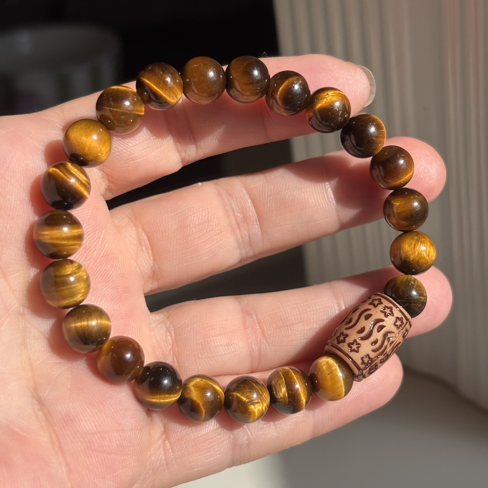 Tiger Eye Beaded Bracelet Wooden Spacer Stretch Crystal Healing Unisex