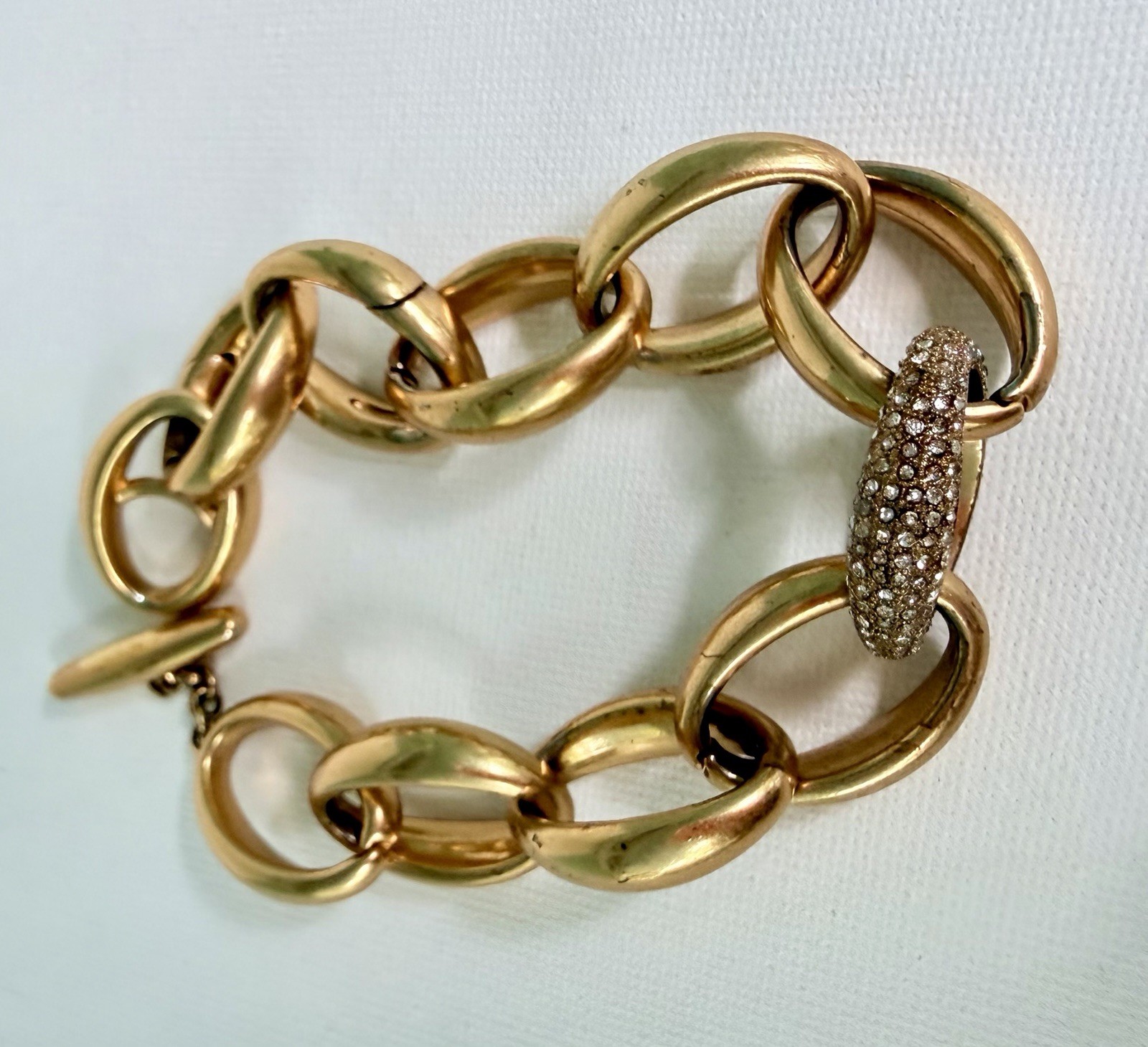 Stella & Dot Gold Tone Oval Link Chain Bracelet Crystal Pavé Toggle 8in Signed
