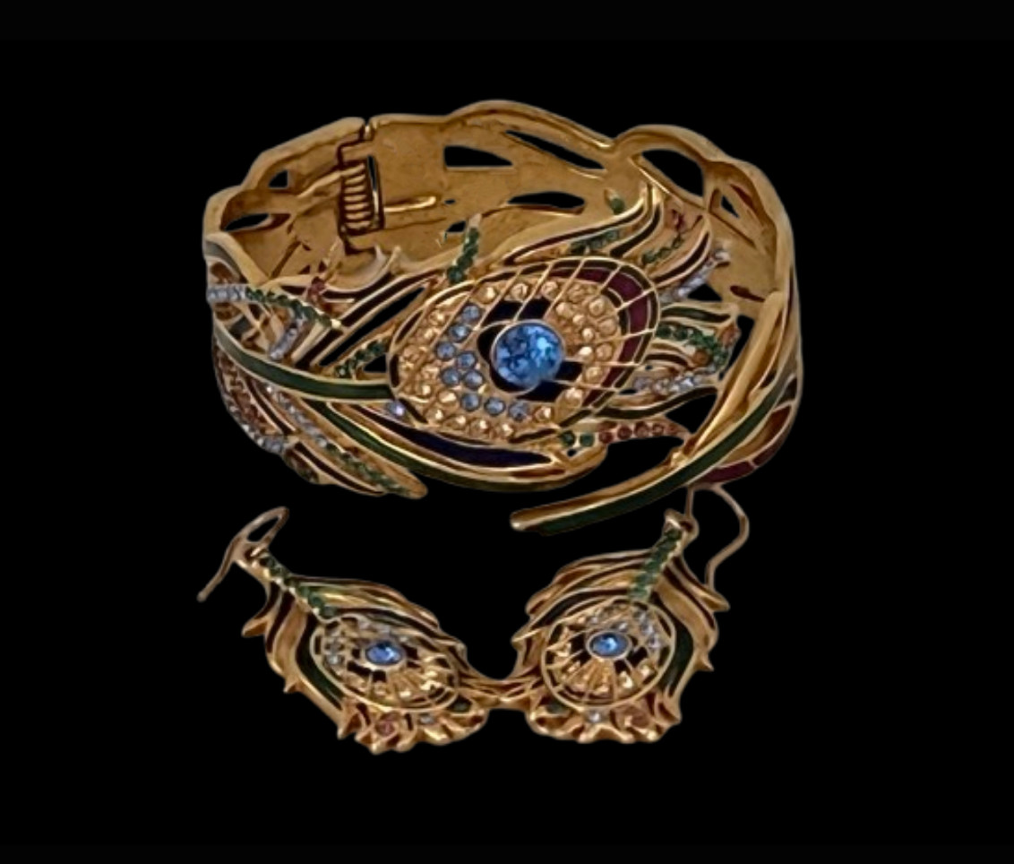 Peacock Feather Set , 18K Gold Overlay Czech and Austrian Crystals, MMA