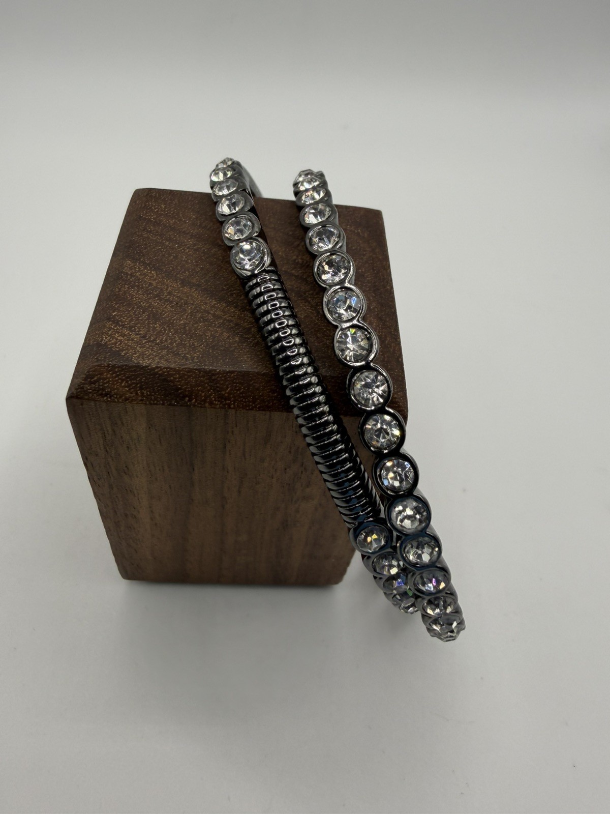 GRAZIANO Gunmetal/Clear Crystal Bangles Set of 2~Signed