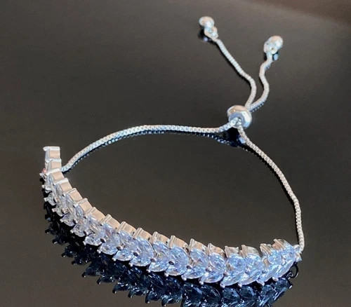 18K Platinum Plated Marquise Simulated Diamond Bolo Tennis Bracelet Elegant Gift