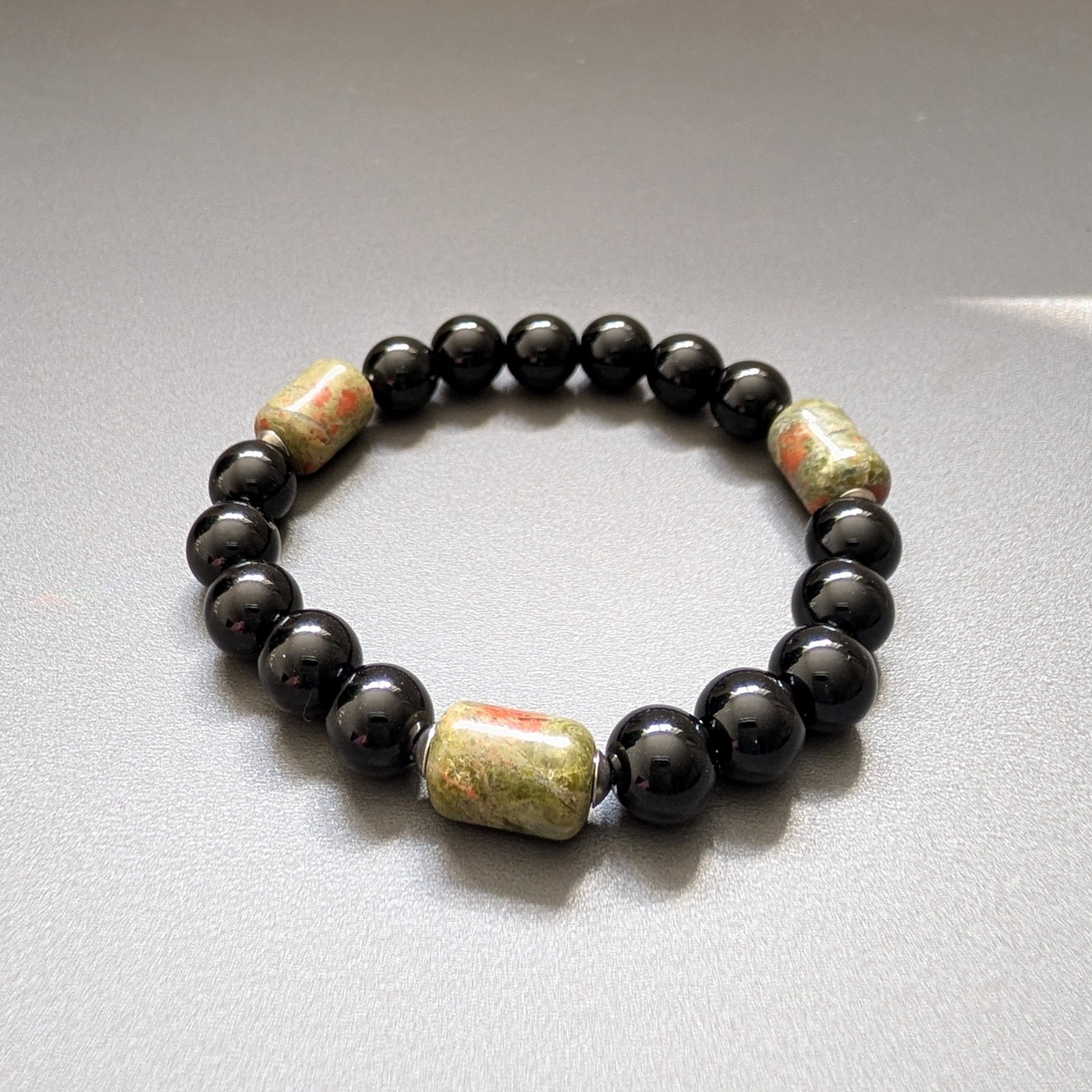 Black Onyx Unakite Beaded Bracelet, Natural Stone Unisex Gift, Protection Stone