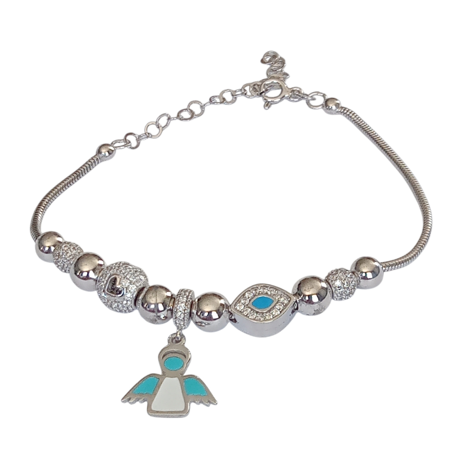 925 Sterling Silver Turkish Handmade White Topaz Evil Eye Angel Bracelet