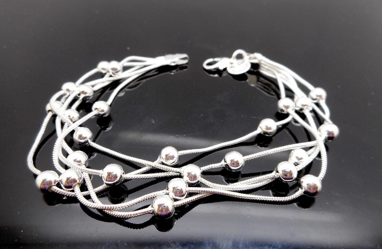 Sterling Silver Bracelet Women’s Layered Beaded Stamped 925