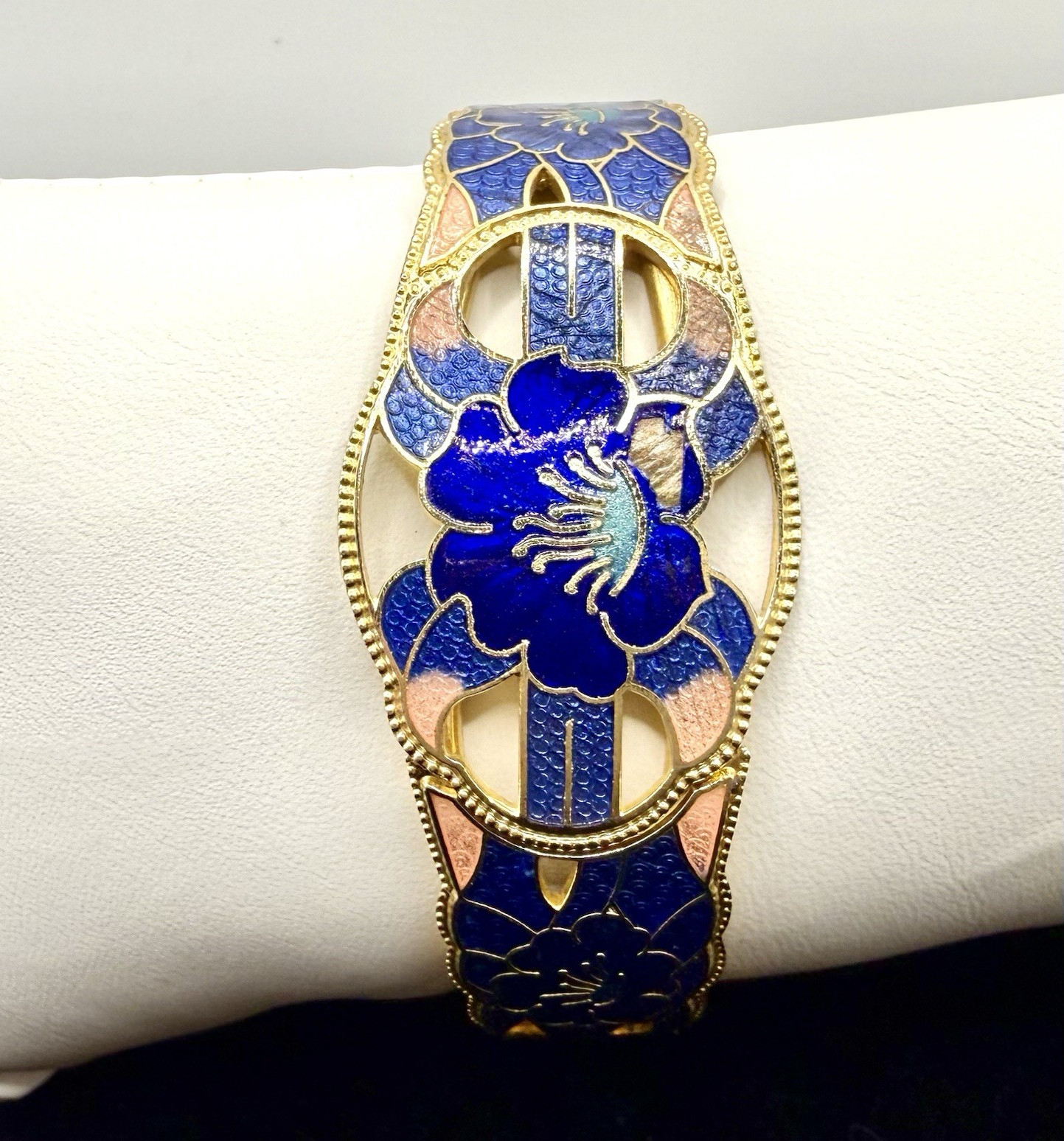 Blue Enamel Floral Hinged Bangle Bracelet Gold Tone Cloisonné Style Art Nouveau
