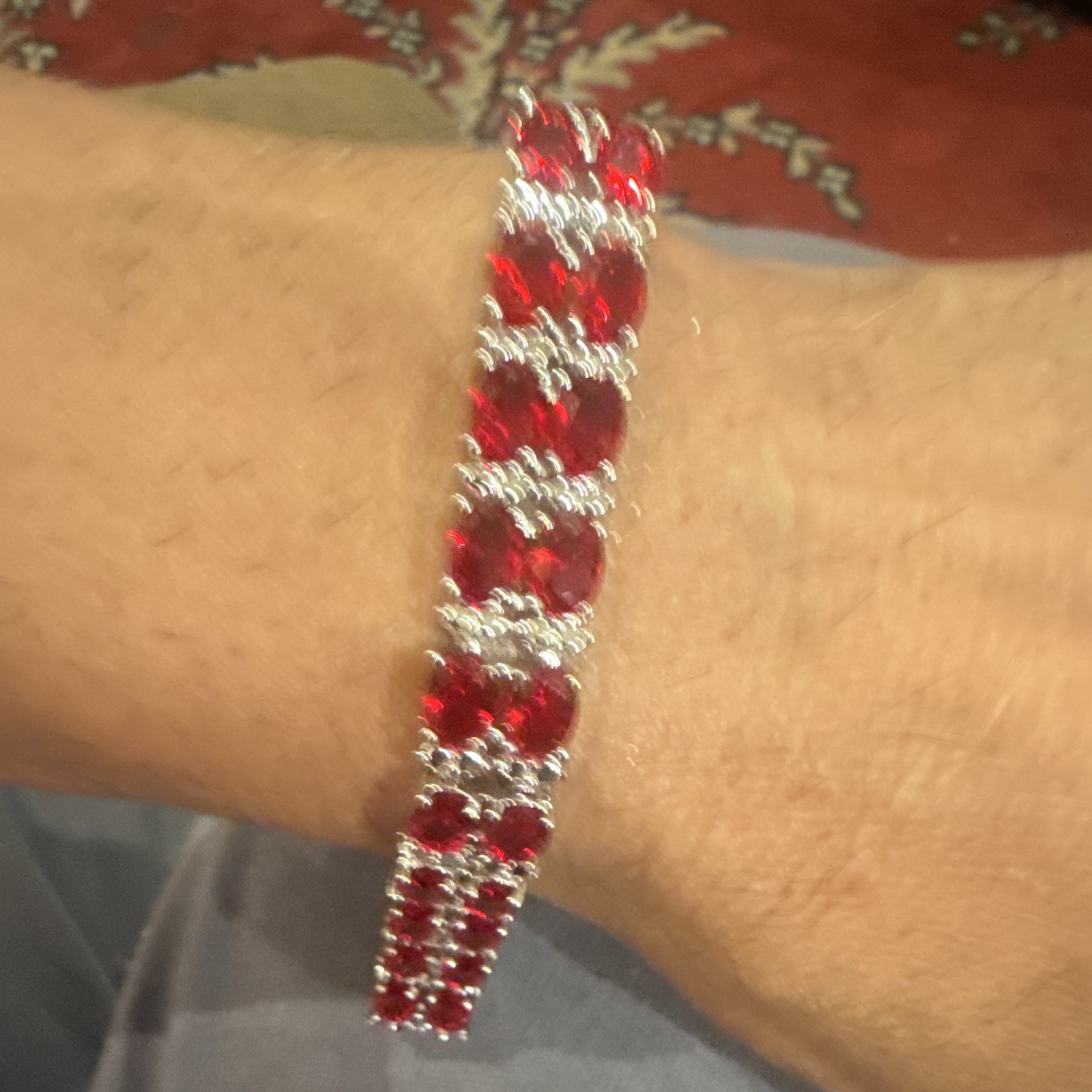 18k white, gold, plated Red Oval Ruby Tennis Link Bracelet Prong Box Clasp