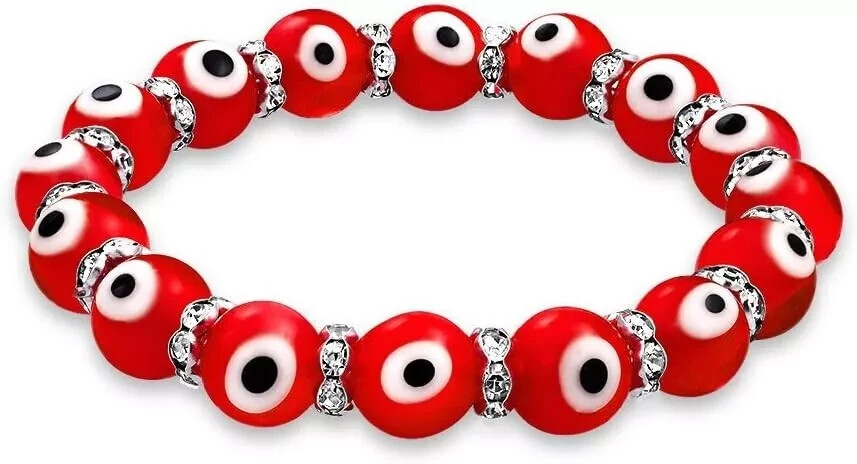 Red Turkish Evil Eye Crystal Glass Bead Stretch Bracelet