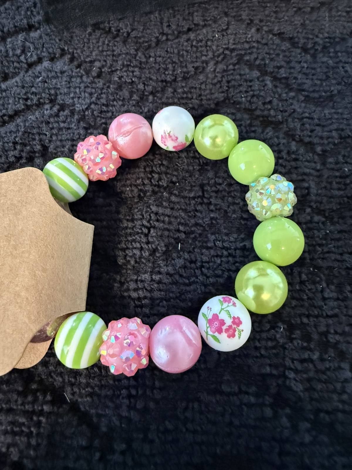 Lot Of 6 – Pink & Green Beaded Stretch Bracelets 6” To 7.5”