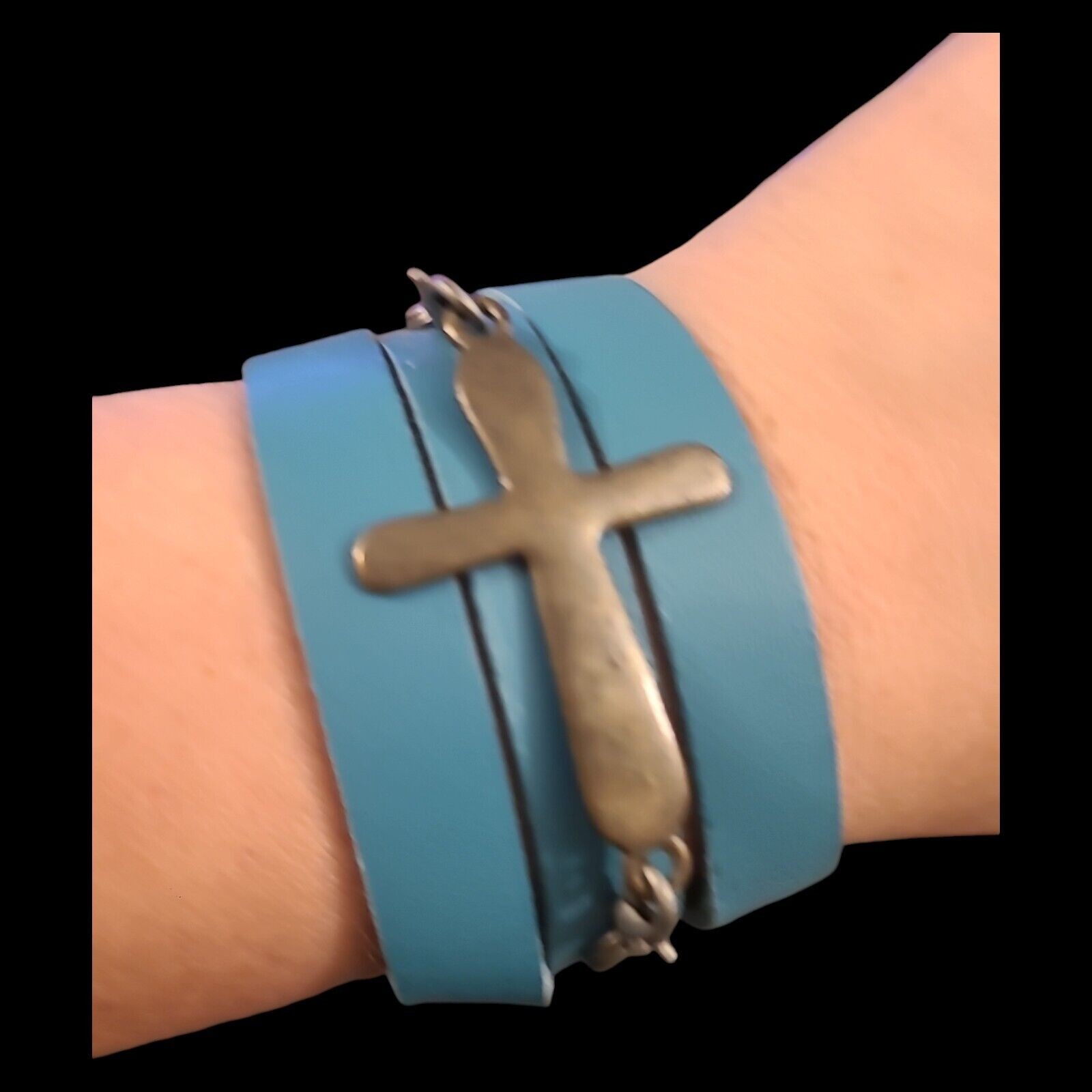 Blue Faux Leather Silver Tone Cross Wrap Bracelet 22″