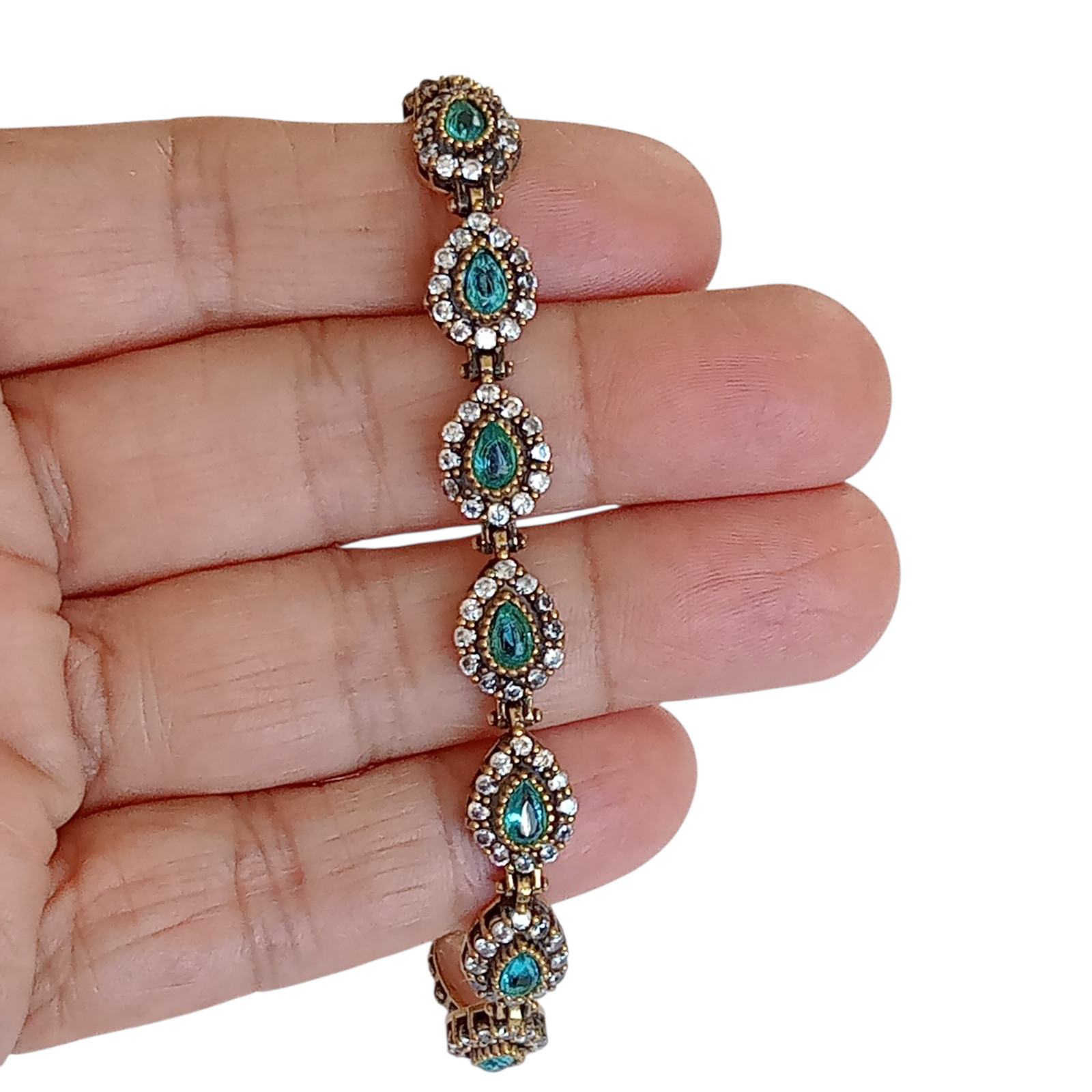 925 Sterling Silver Turkish Handmade Aquamarine Teardrop Hurrem Sultan Bracelet