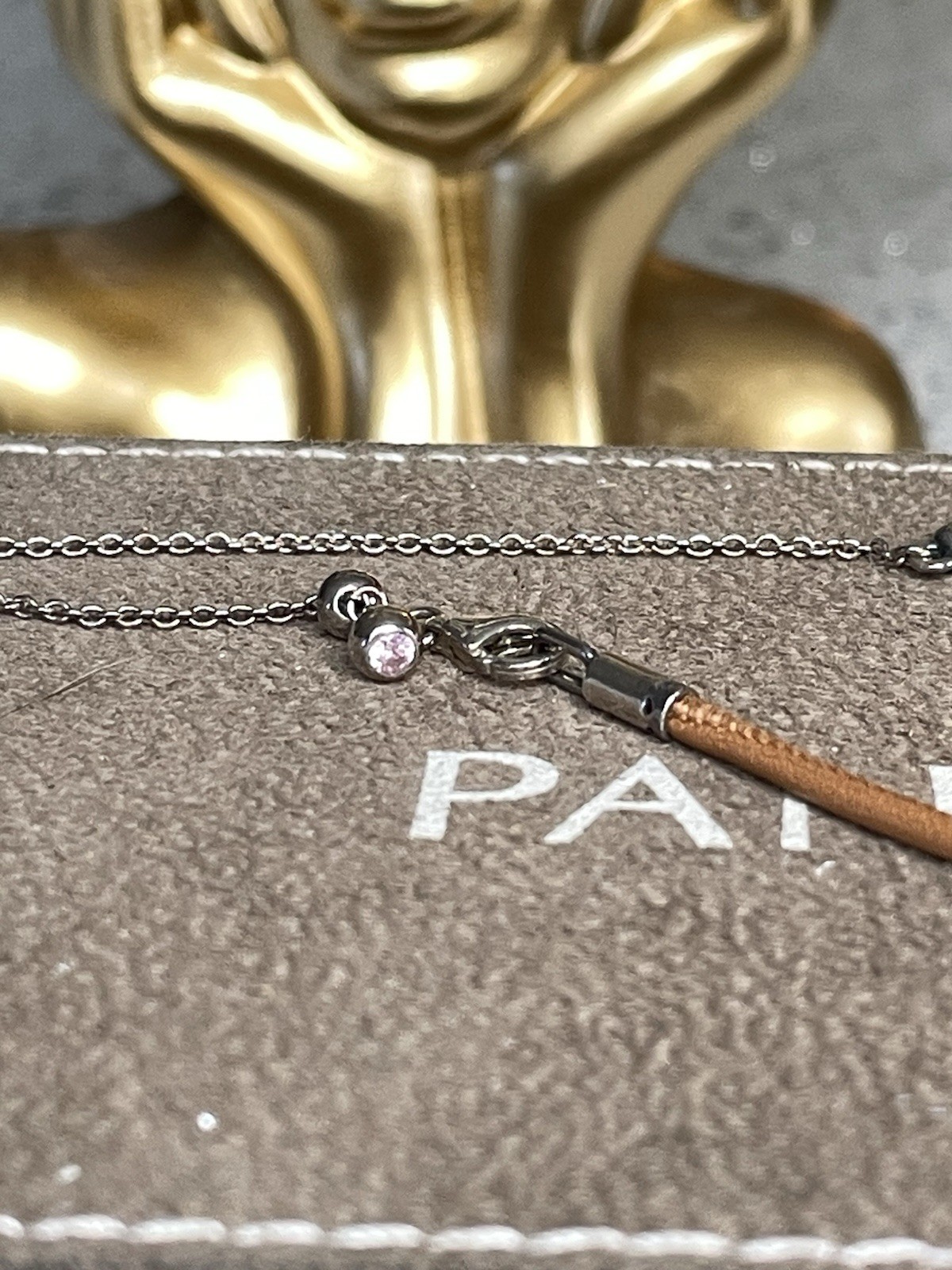 Rare Pandora Brown Tan Leather Cz Charm Necklace With Gift Box Small