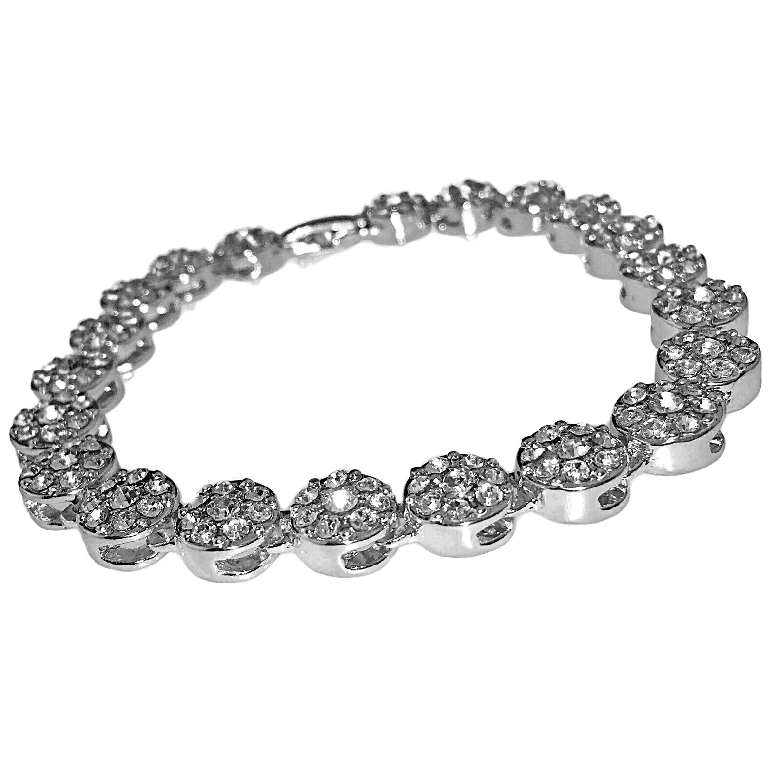 Men’s Flower Cluster Hip Hop Bracelet Tennis Iced Simulated CZ Silver Tone 8″