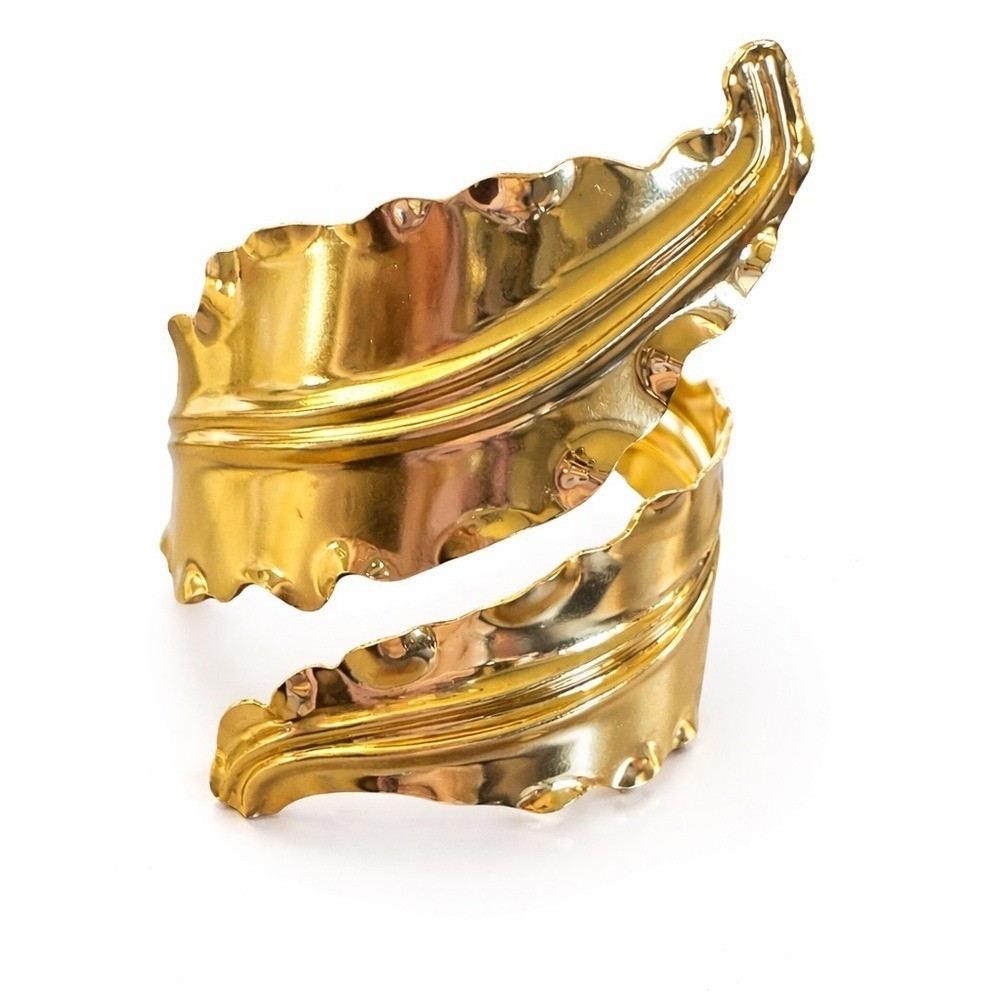 Gold Statement Cuff Bracelet Wide Hammered Rhinestone Accent Modern Open Cuff