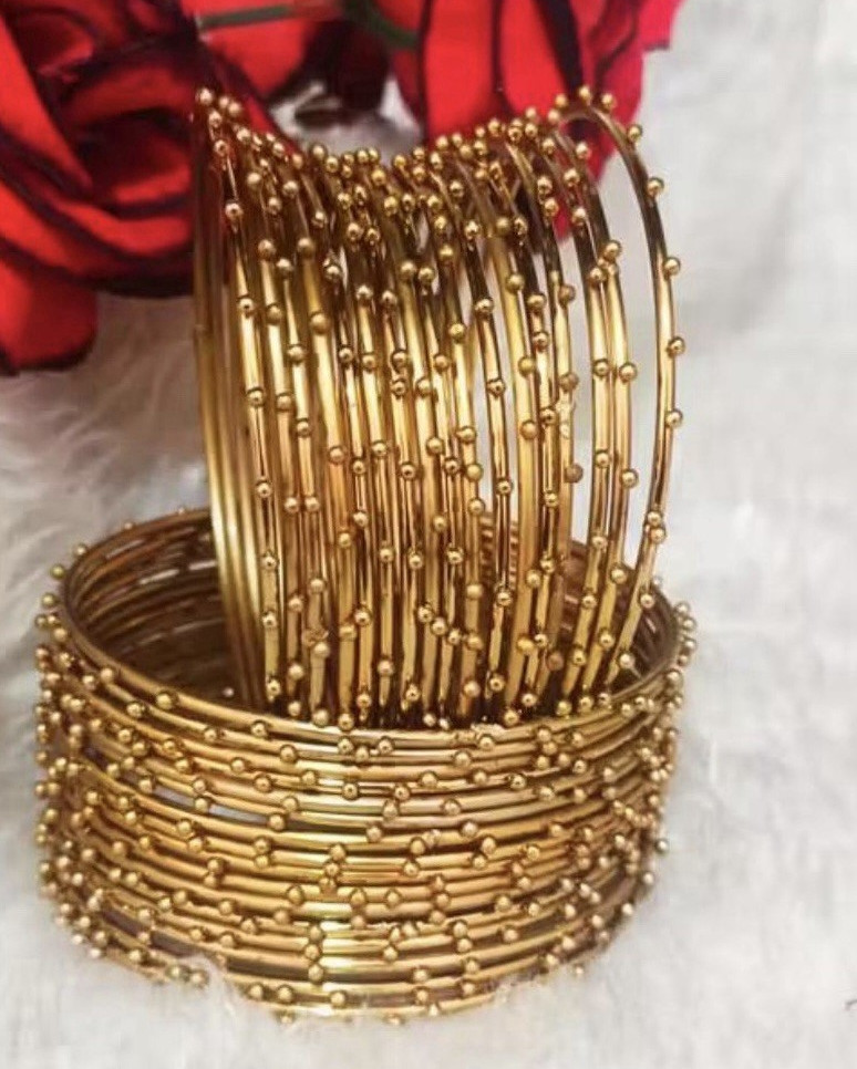 Gold Tone Stackable Bar Link Beaded Bangle Bracelets Set Metal No Clasp