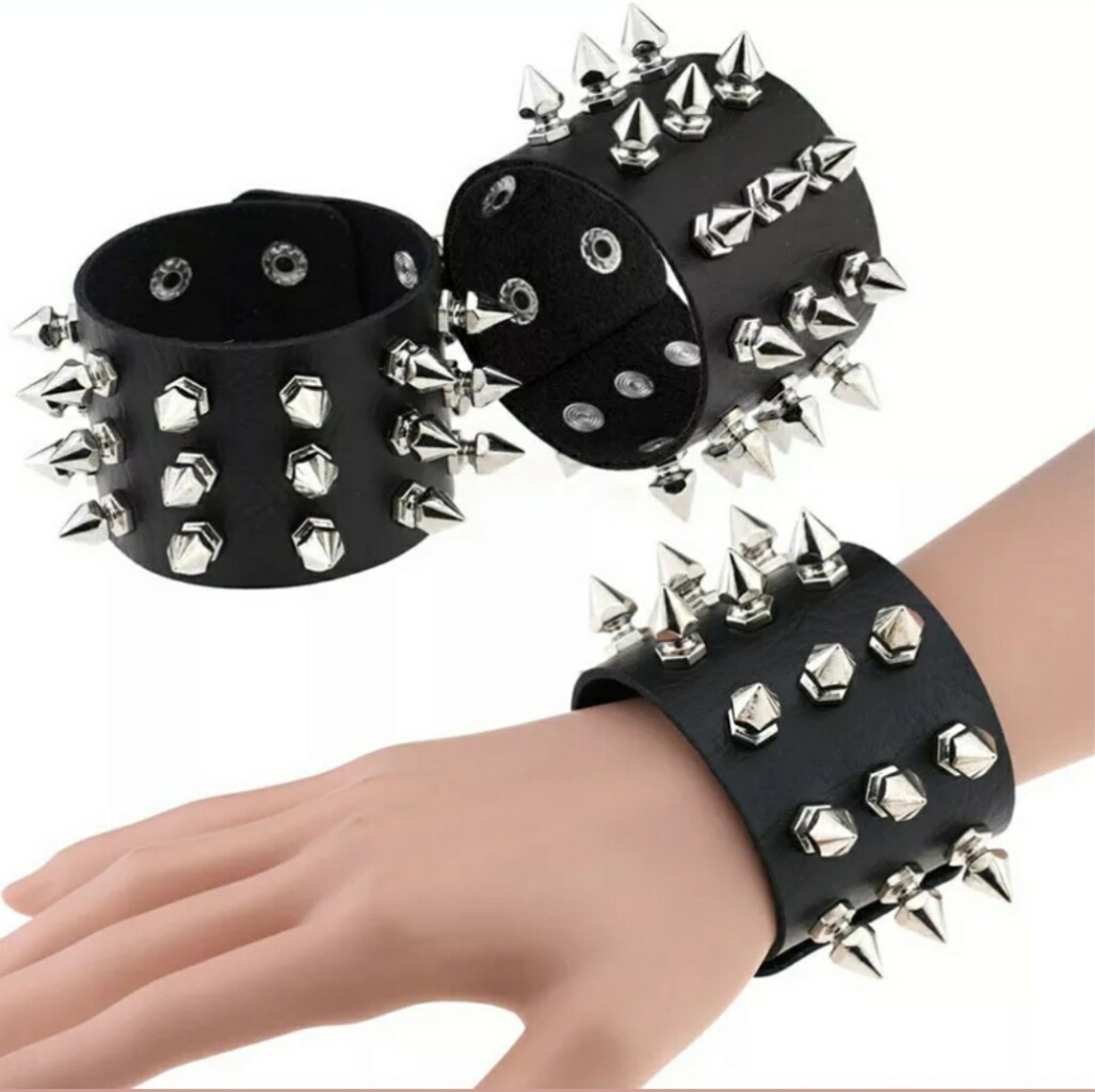 Unisex Black Metal Spike Studded Punk Rock Biker Wide Strap Leather Bracelet USA