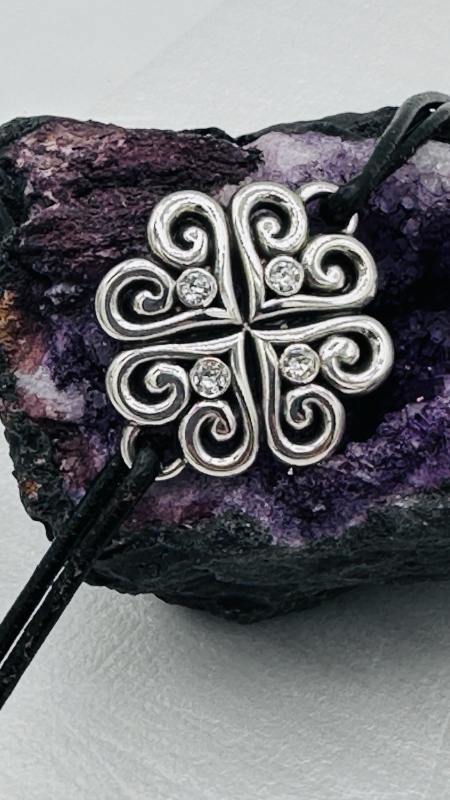 Brighton Alcazar Crystal Clover Black Leather Bracelet Scroll Motif 7-8 In