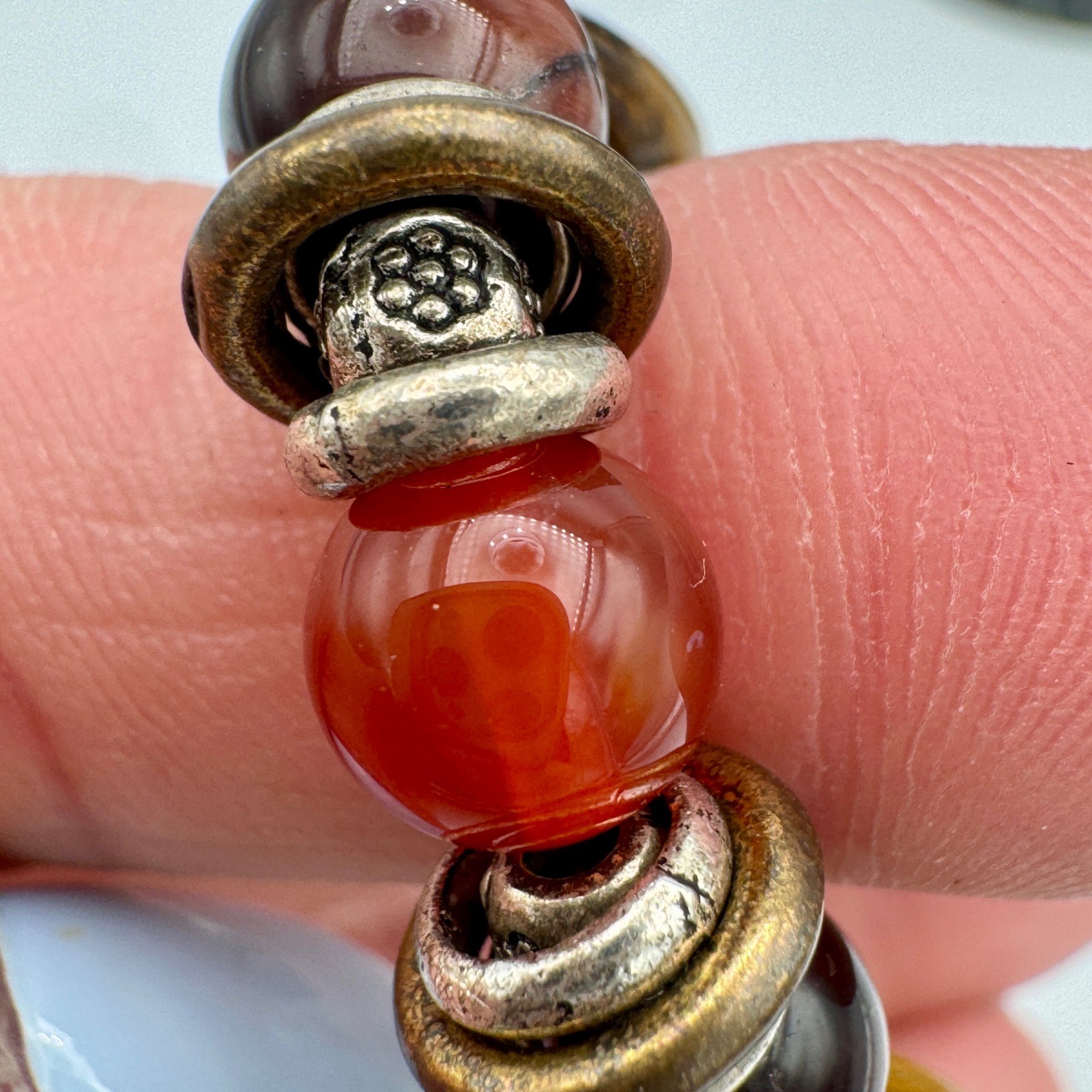 Tigers Eye Carnelian Beaded Elephant Charm Bracelet Brown Orange Silver Tone