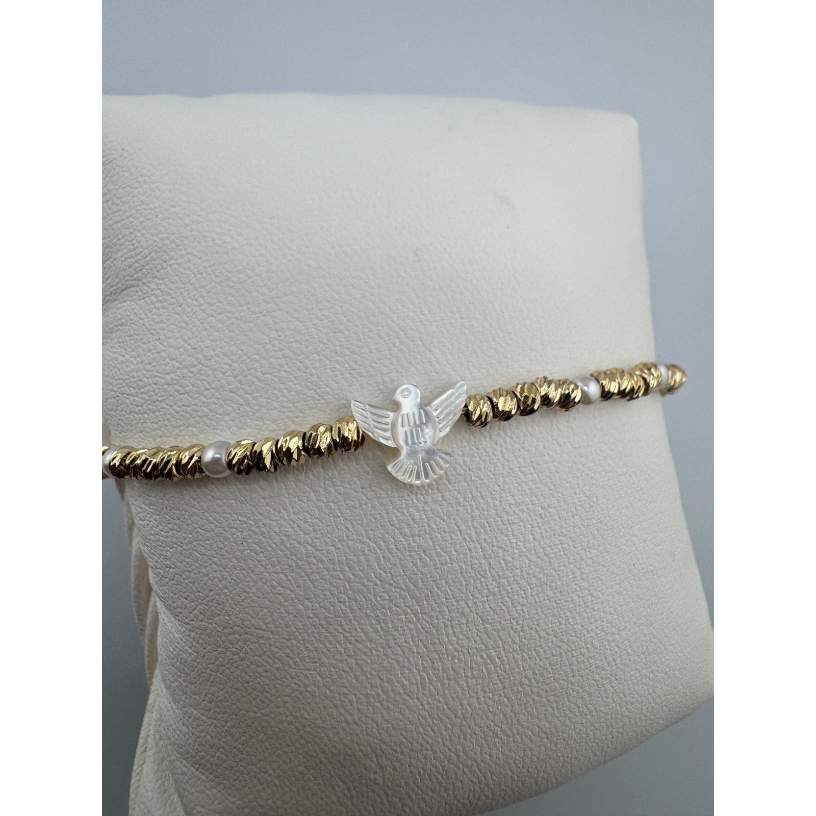 Mother of Pearl Dove Gold Beaded Bracelet with Faux Pearls Religious Jewelry