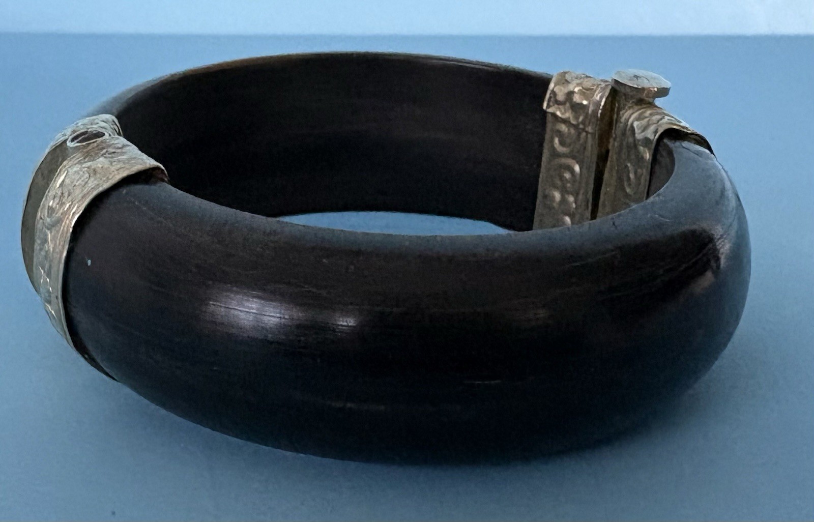 Vintage handmade Double Hinge Black Bangle w/ Silver-Tone Metal Accents