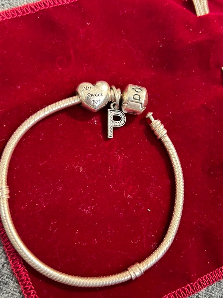 Authentic Pandora Charm Bracelet 925 w/ Letter P Crystal & My Sweet Pet Heart