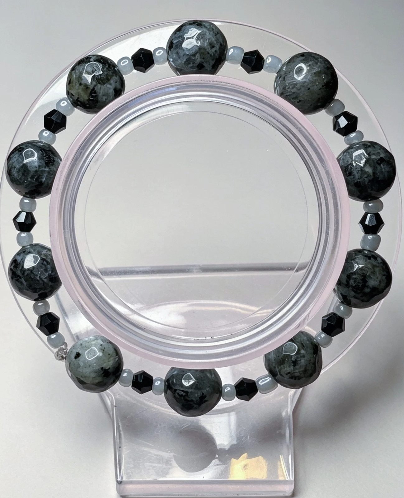 Handmade Beaded BraceletlLarvikitie Stone Black Crystal Grey Glass. Unisex Goth